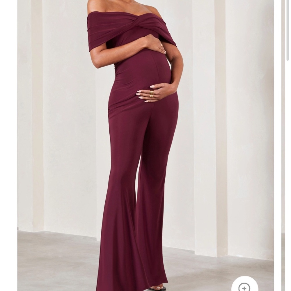 Elegant Off-Shoulder Maternity Jumpsuit - Burgundy